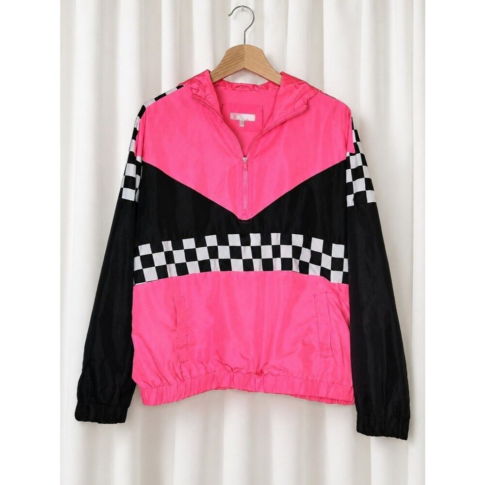 Vintage Mark Edwards Hot Pink Black Racing Checks 1/4 Zip Windbreaker Jacket
